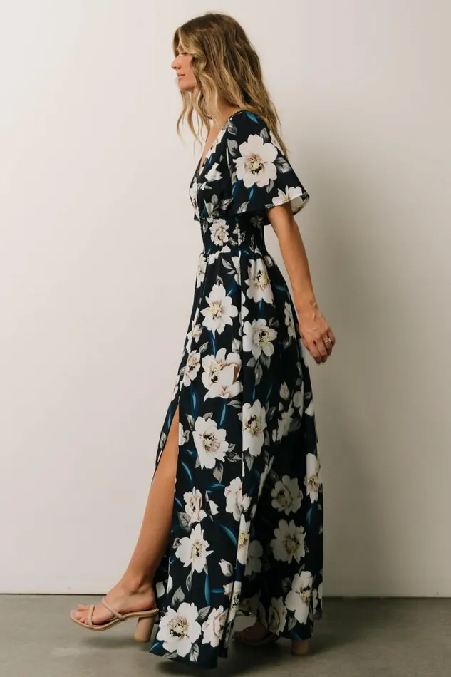 Women Verona Smocked Maxi Dress Navy White Floral Baltic Born Bump Friendly Women Verona Smocked Maxi Dress Navy White Floral Baltic Born Bump Friendly