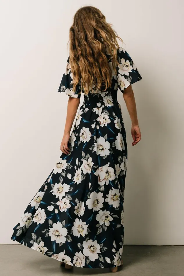 Women Verona Smocked Maxi Dress Navy White Floral Baltic Born Bump Friendly Women Verona Smocked Maxi Dress Navy White Floral Baltic Born Bump Friendly