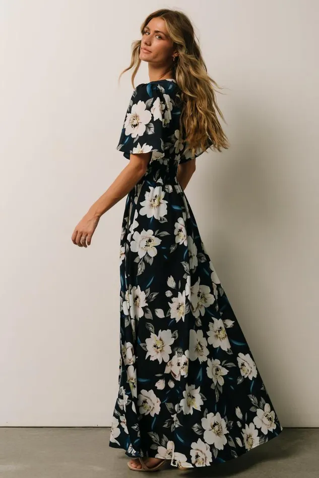 Women Verona Smocked Maxi Dress Navy White Floral Baltic Born Bump Friendly Women Verona Smocked Maxi Dress Navy White Floral Baltic Born Bump Friendly