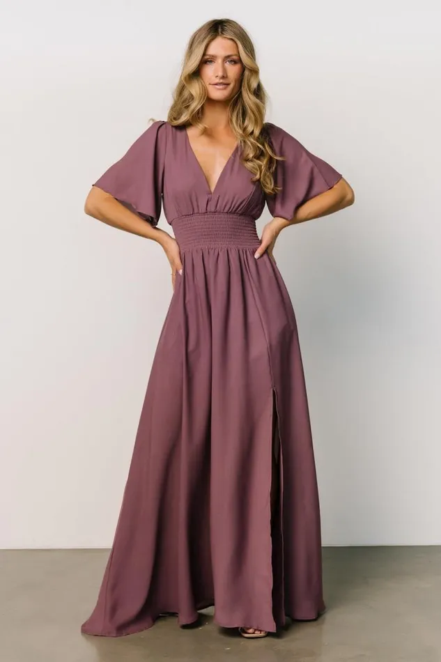 Women Verona Smocked Maxi Dress Vintage Plum Baltic Born The Guest Edit