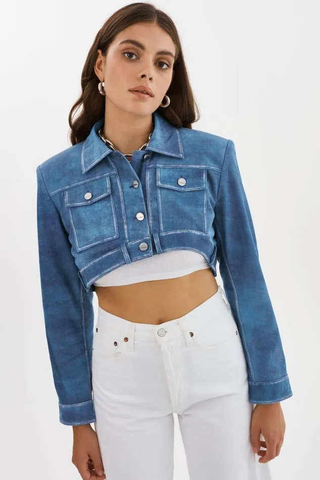 Women XANDY Cropped Leather Jacket Distressed Indigo LAMARQUE Leather Jackets