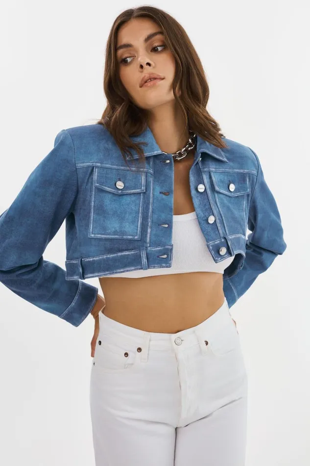 Women XANDY Cropped Leather Jacket Distressed Indigo LAMARQUE Leather Jackets