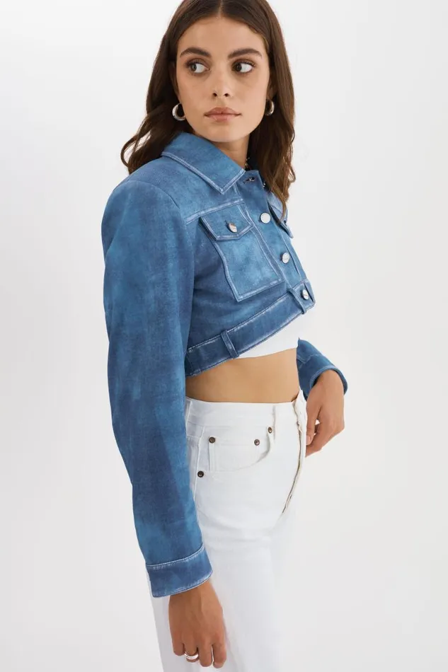 Women XANDY Cropped Leather Jacket Distressed Indigo LAMARQUE Leather Jackets