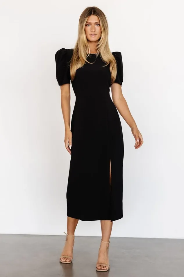 Women Younge Puff Sleeve Midi Dress Black Baltic Born Midi Dresses