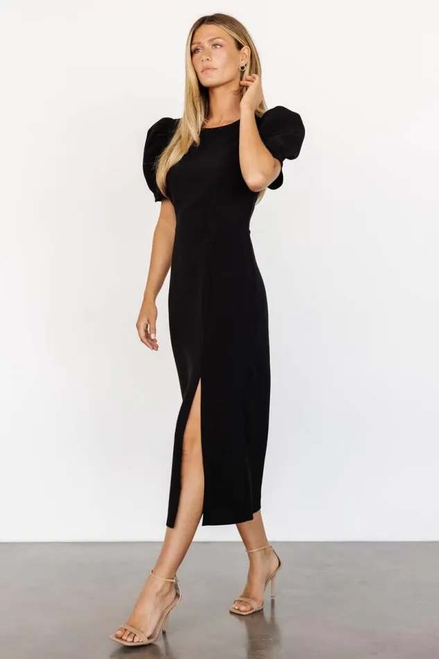 Women Younge Puff Sleeve Midi Dress Black Baltic Born Midi Dresses