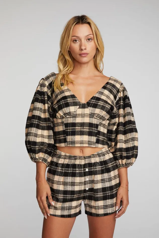 Womens Tops Chaser Brand Flannel Puff Sleeve Cropped Blouse