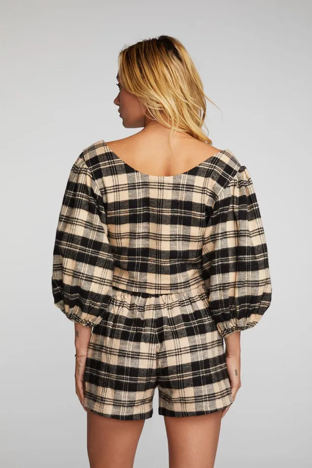 Womens Tops Chaser Brand Flannel Puff Sleeve Cropped Blouse