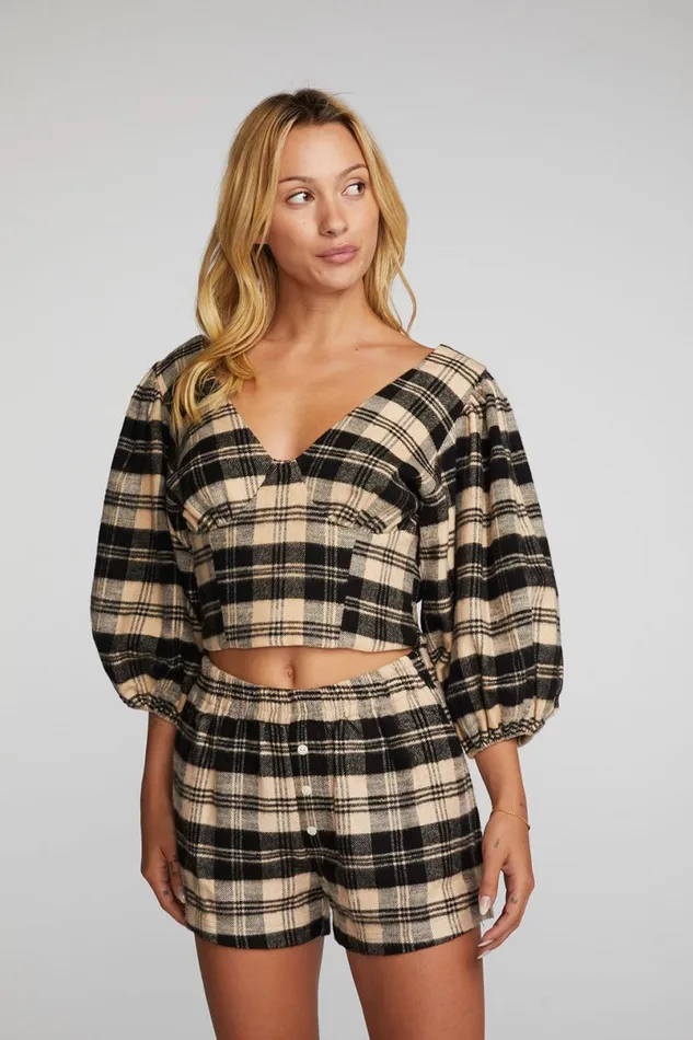 Womens Tops Chaser Brand Flannel Puff Sleeve Cropped Blouse