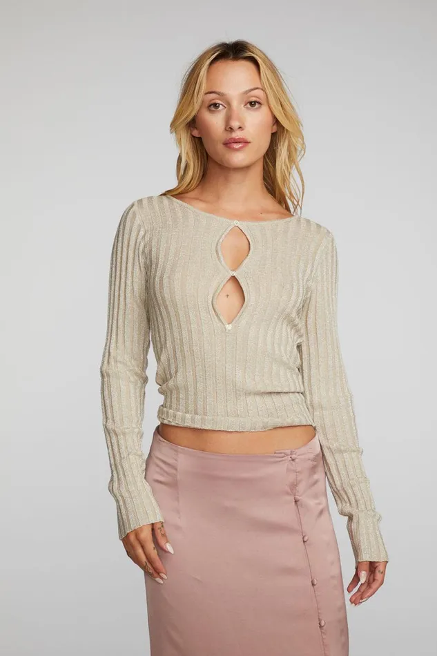 Womens Tops Chaser Brand Lurex Rib Knit Long Sleeve Top With Open Keyhole
