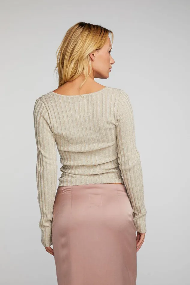 Womens Tops Chaser Brand Lurex Rib Knit Long Sleeve Top With Open Keyhole