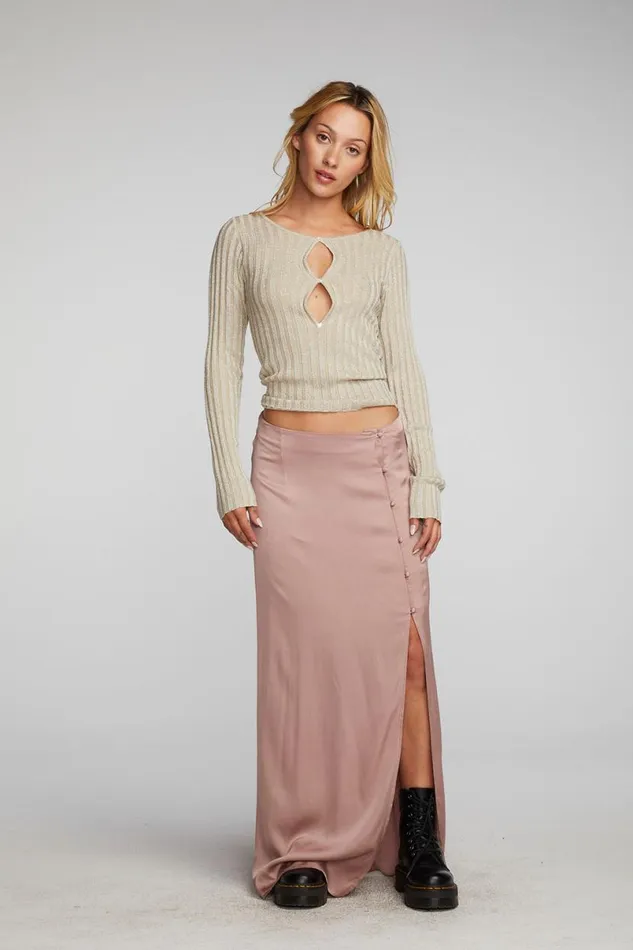 Womens Tops Chaser Brand Lurex Rib Knit Long Sleeve Top With Open Keyhole