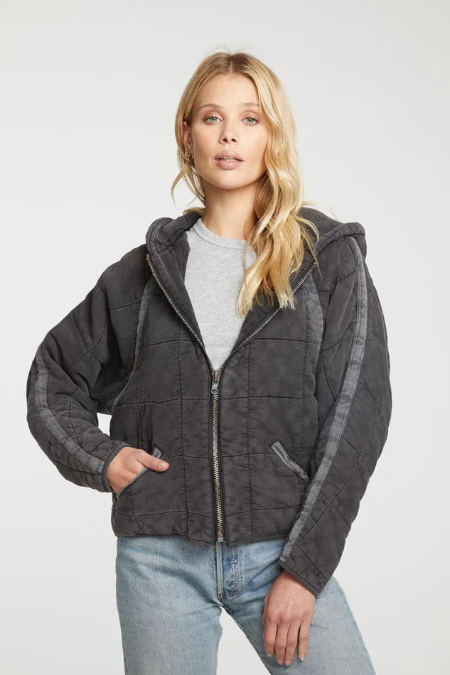 Womens Tops Chaser Brand Quilted Heirloom Wovens Long Sleeve Batwing Hooded Zip Up Jacket