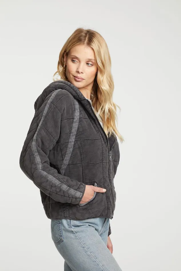 Womens Tops Chaser Brand Quilted Heirloom Wovens Long Sleeve Batwing Hooded Zip Up Jacket