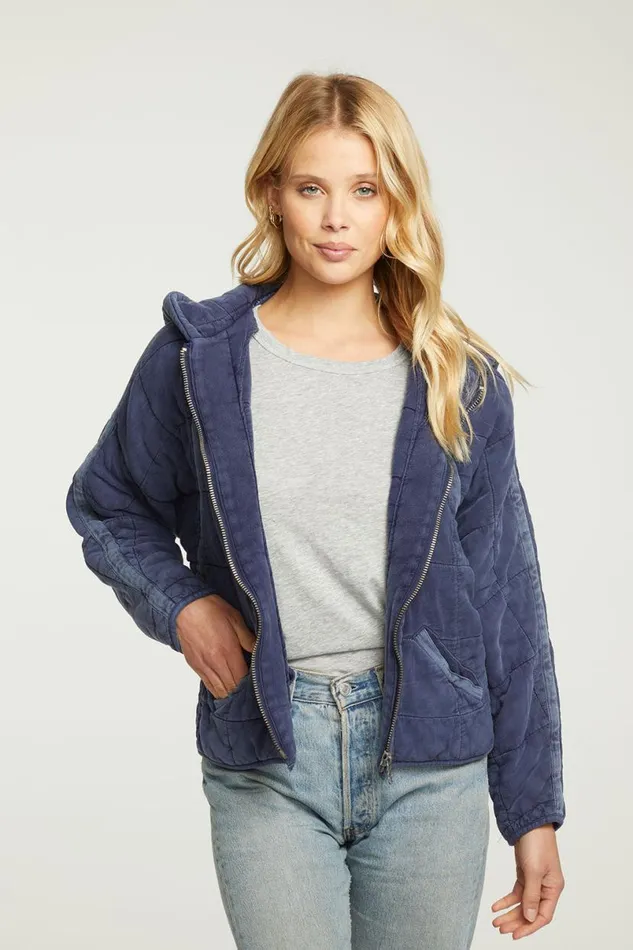 Womens Tops Chaser Brand Quilted Heirloom Wovens Long Sleeve Batwing Hooded Zip Up Jacket