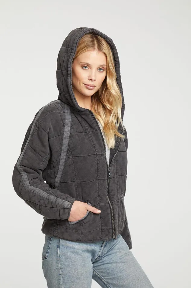 Womens Tops Chaser Brand Quilted Heirloom Wovens Long Sleeve Batwing Hooded Zip Up Jacket