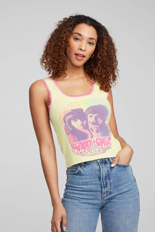 Womens Tops Chaser Brand Sonny and Cher 034Westbury Music Fair034 Tank Top