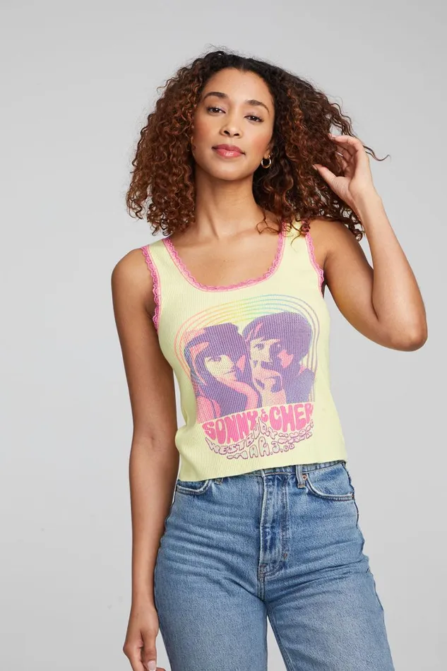 Womens Tops Chaser Brand Sonny and Cher 034Westbury Music Fair034 Tank Top