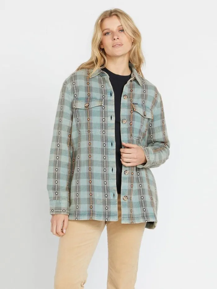 Womens Tops Volcom Polar Boobear Flannel 8211 Glacier Blue
