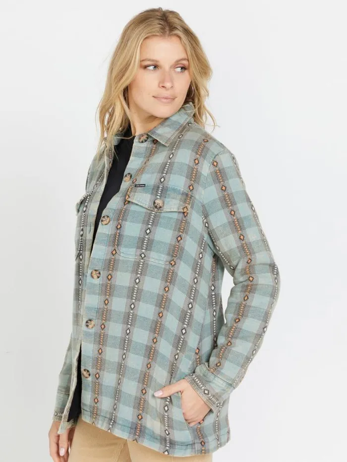 Womens Tops Volcom Polar Boobear Flannel 8211 Glacier Blue