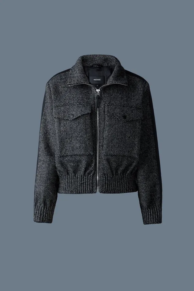 Wool Coats Women Mackage PATTYHB Short Herringbone Wool Jacket With Leather Detail Blackwhite