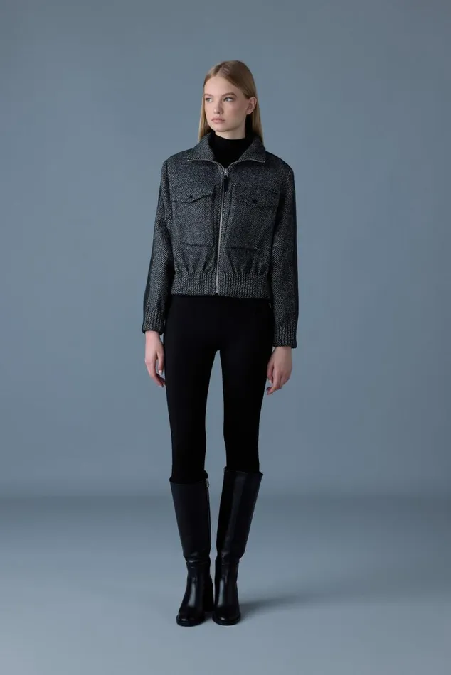 Wool Coats Women Mackage PATTYHB Short Herringbone Wool Jacket With Leather Detail Blackwhite