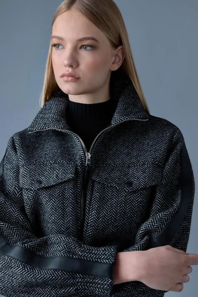 Wool Coats Women Mackage PATTYHB Short Herringbone Wool Jacket With Leather Detail Blackwhite