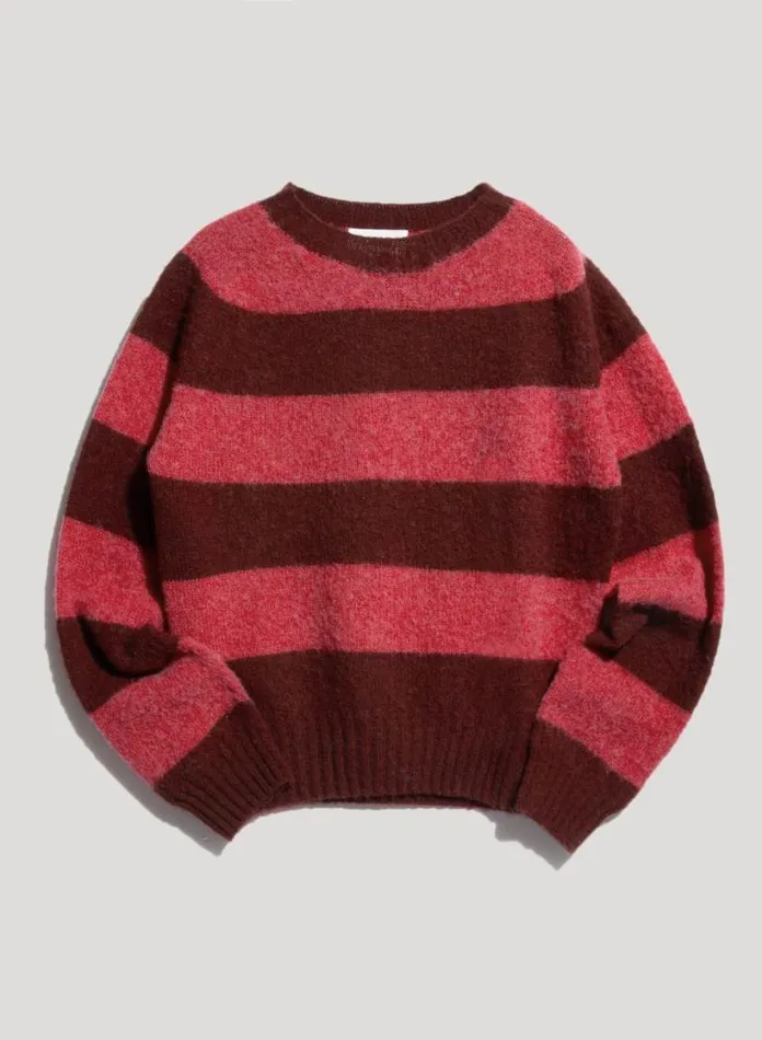 YMC Jets Stripe Crew Neck Jumper Burgundy Womens Knitwear