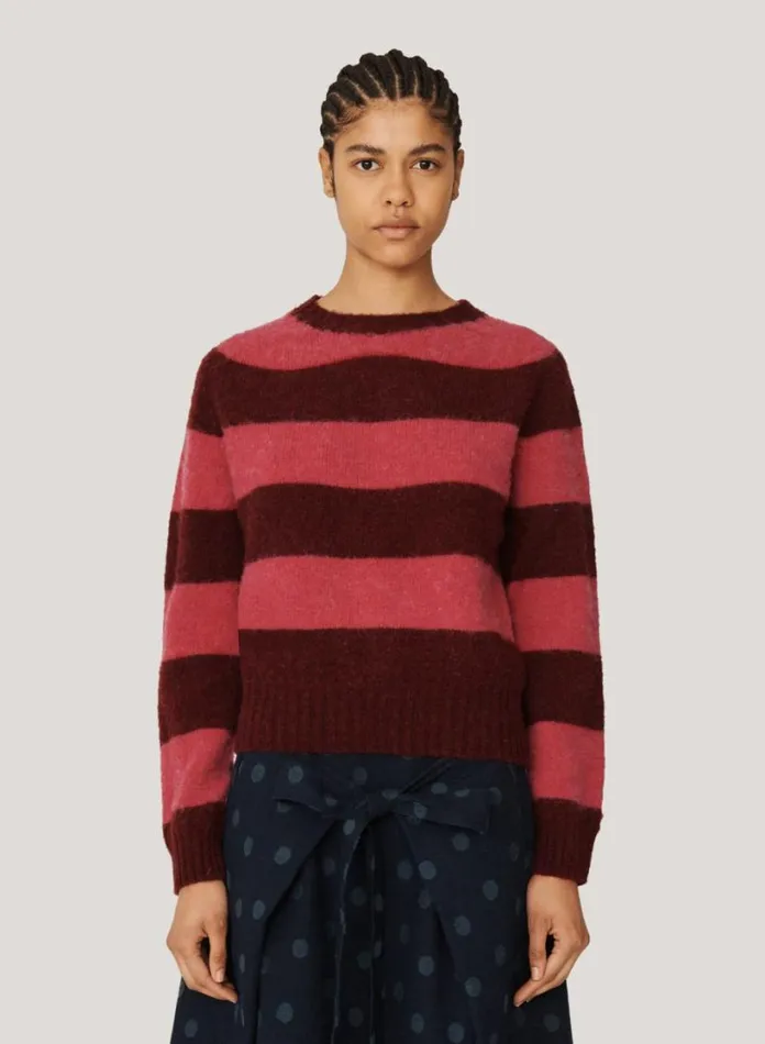 YMC Jets Stripe Crew Neck Jumper Burgundy Womens Knitwear