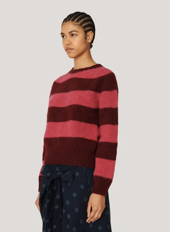 YMC Jets Stripe Crew Neck Jumper Burgundy Womens Knitwear
