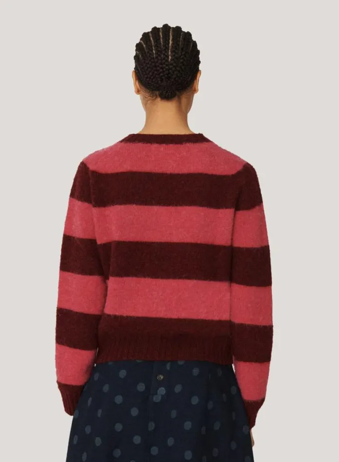 YMC Jets Stripe Crew Neck Jumper Burgundy Womens Knitwear