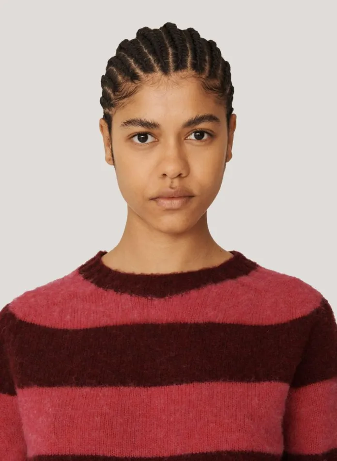 YMC Jets Stripe Crew Neck Jumper Burgundy Womens Knitwear