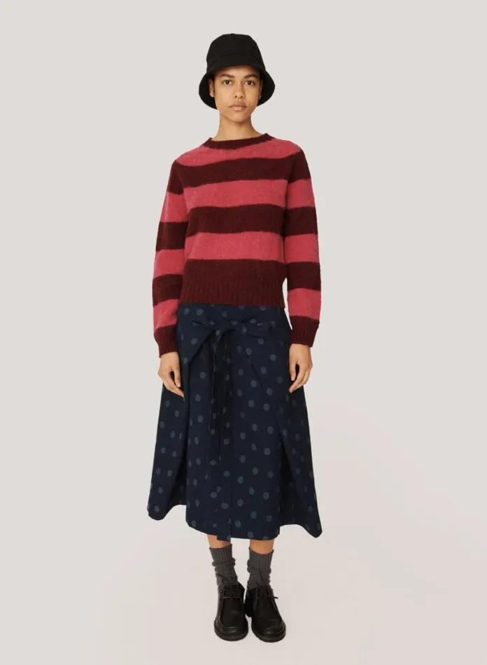 YMC Jets Stripe Crew Neck Jumper Burgundy Womens Knitwear