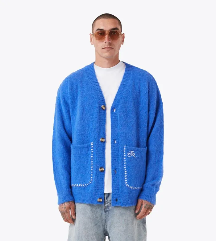 Zanerobe Hoodies and Sweaters Men Fuzzy Lowgo Cardigan Cobalt Blue