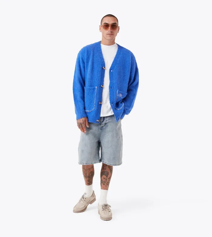 Zanerobe Hoodies and Sweaters Men Fuzzy Lowgo Cardigan Cobalt Blue