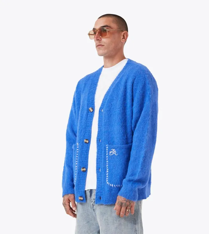 Zanerobe Hoodies and Sweaters Men Fuzzy Lowgo Cardigan Cobalt Blue