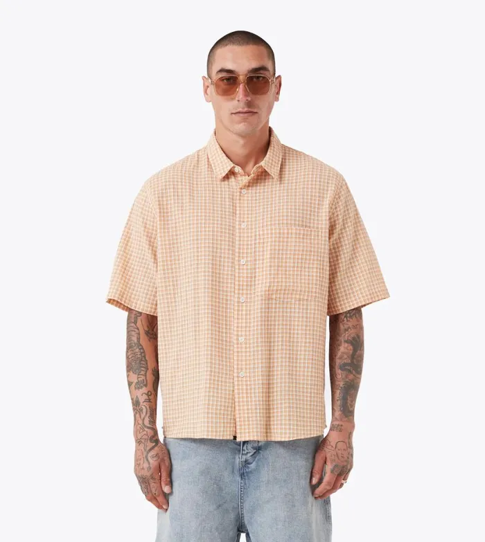Zanerobe Shirts Men Micro Plaid SS Shirt Orange