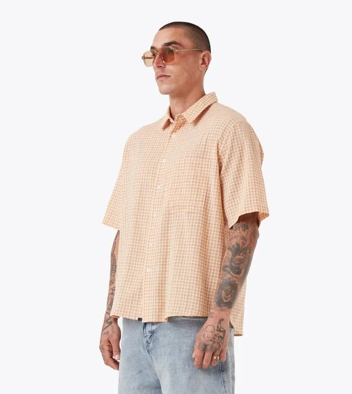 Zanerobe Shirts Men Micro Plaid SS Shirt Orange